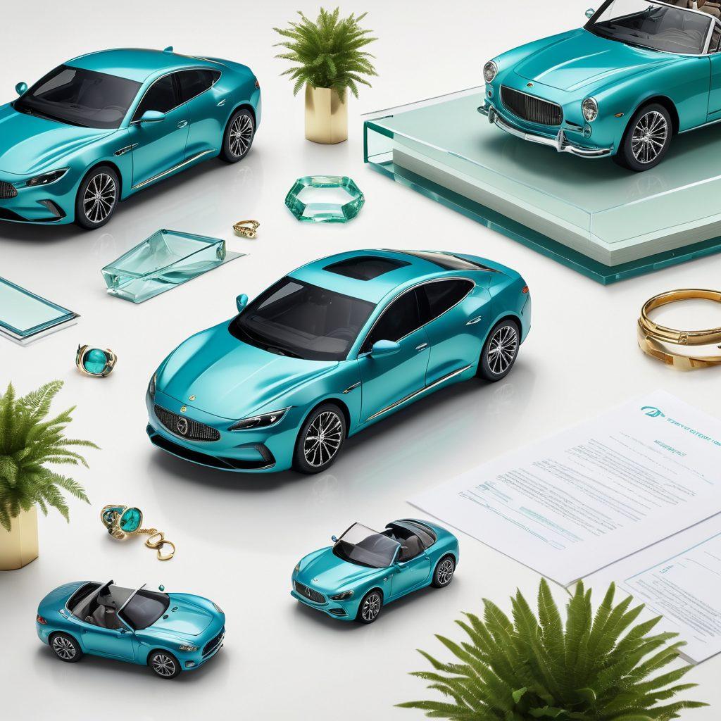 A dynamic collage showcasing various assets, including a sleek car, elegant custom furnishings, and valuable collectibles like art and jewelry, all encircled by a protective shield symbolizing insurance. The background should be a soft blend of colors that conveys security and trust. Include elements like checkmarks and documents lightly overlaying the image to emphasize the theme of insuring assets. super-realistic. vibrant colors. white background.